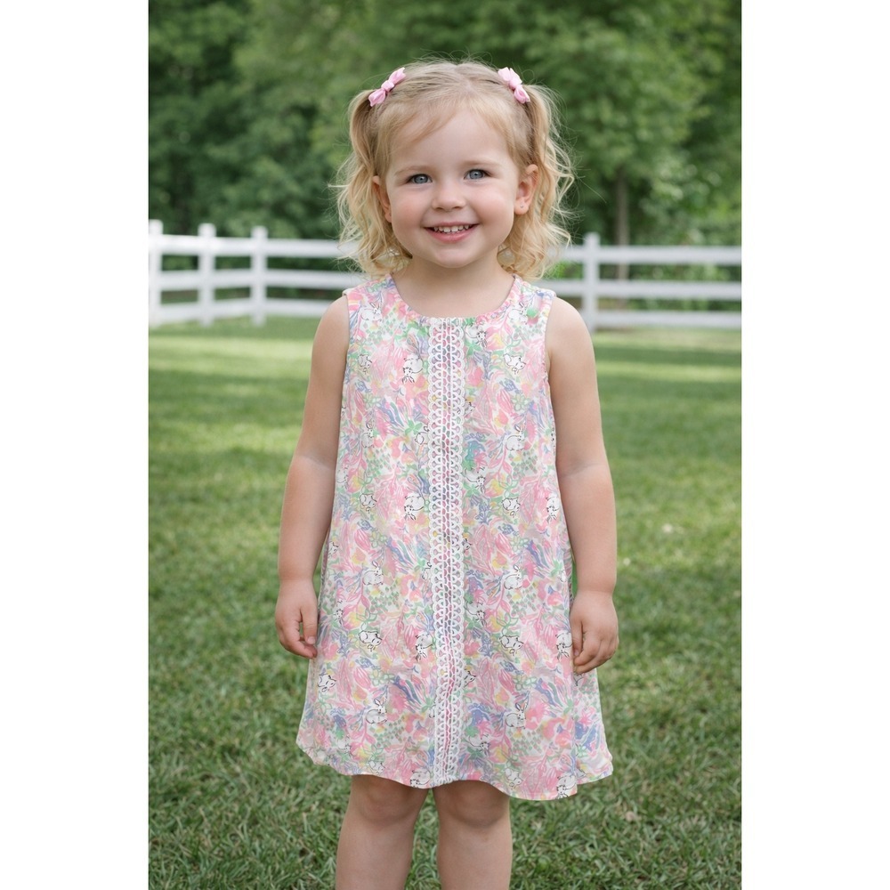 Crown & Ivy Kids Girls 3T Pink Blue Floral Bunny Rabbit Crochet Lace Shift Dress